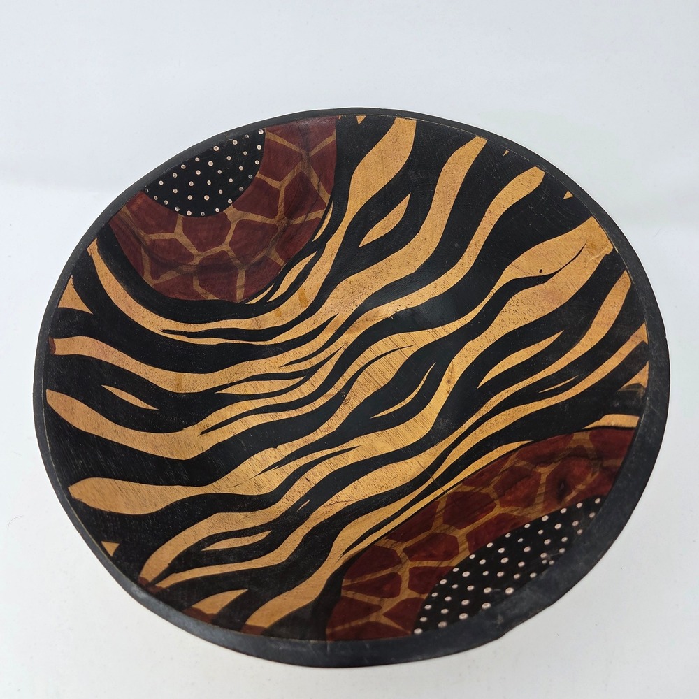 Handcrafted Animal Print‎ Wooden Bowl Zebra Giraffe Safari Decor 10 Inch Round
